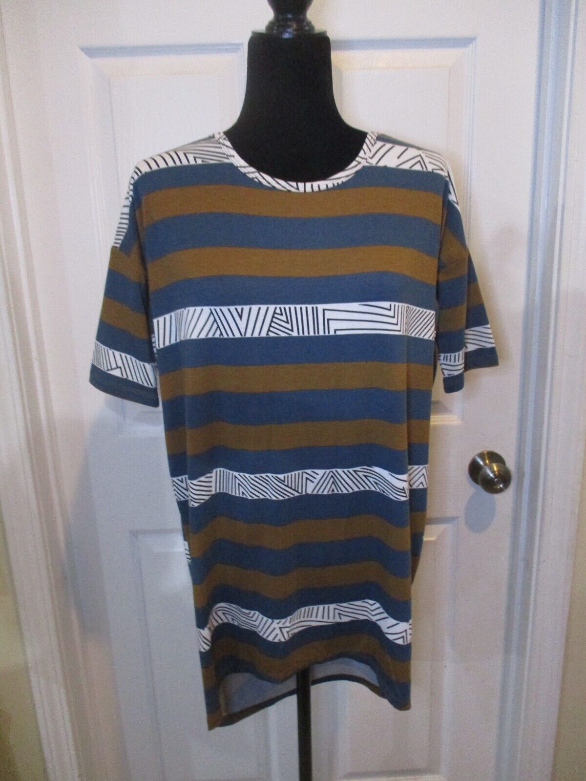 LuLaRoe Irma Blue Brown Black White Stripe Tunic XXS NWOT