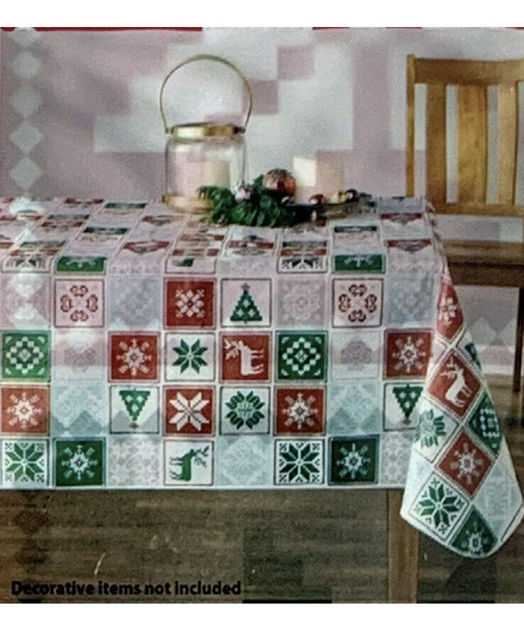 HOLIDAY TIME Vinyl Tablecloth Rectangle NIP 60x84 in HOLIDAY TILE Snowflake Deer