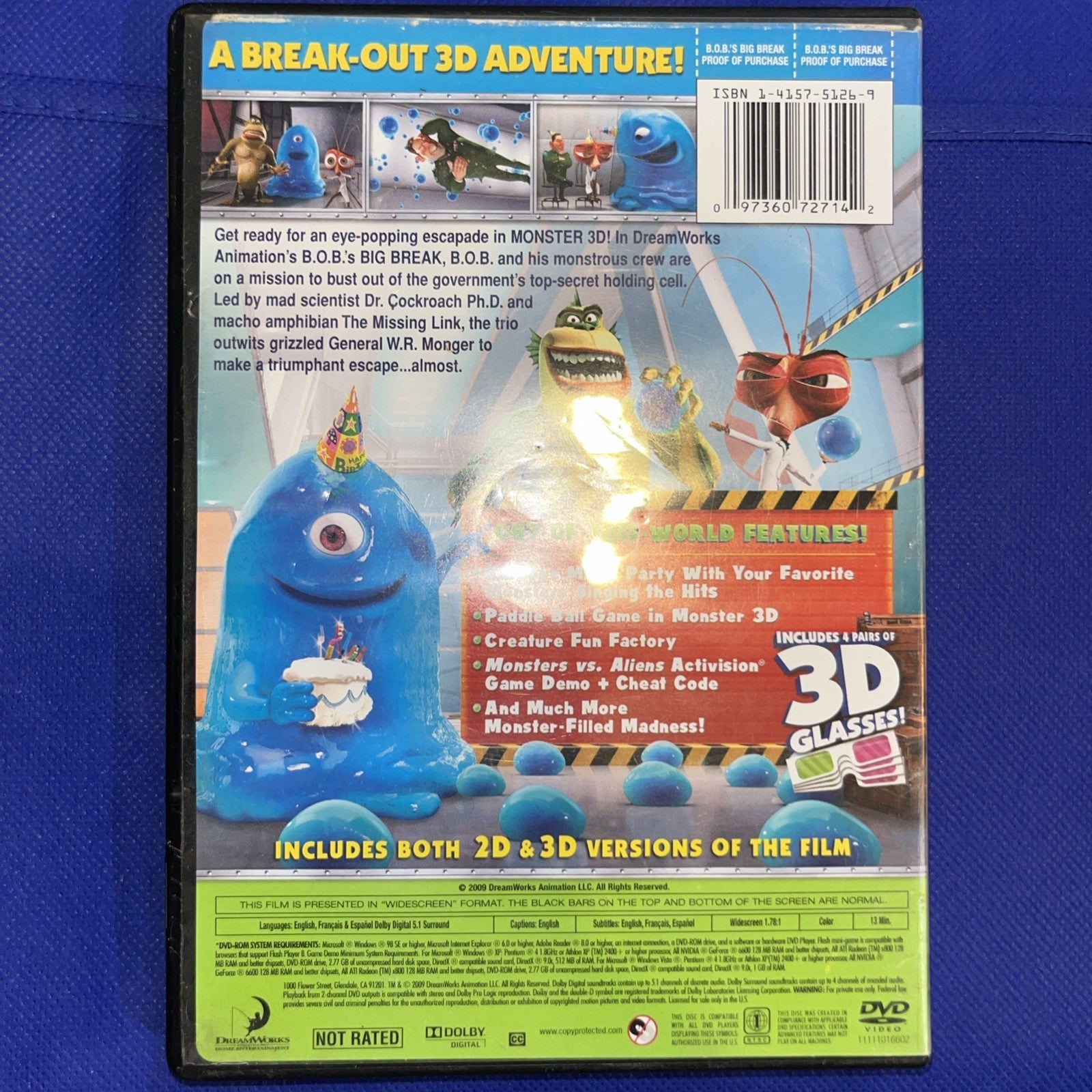 B.O.B.s Big Break (DVD, 2011) Tested. W/ 4 Sets New 3D Glasses