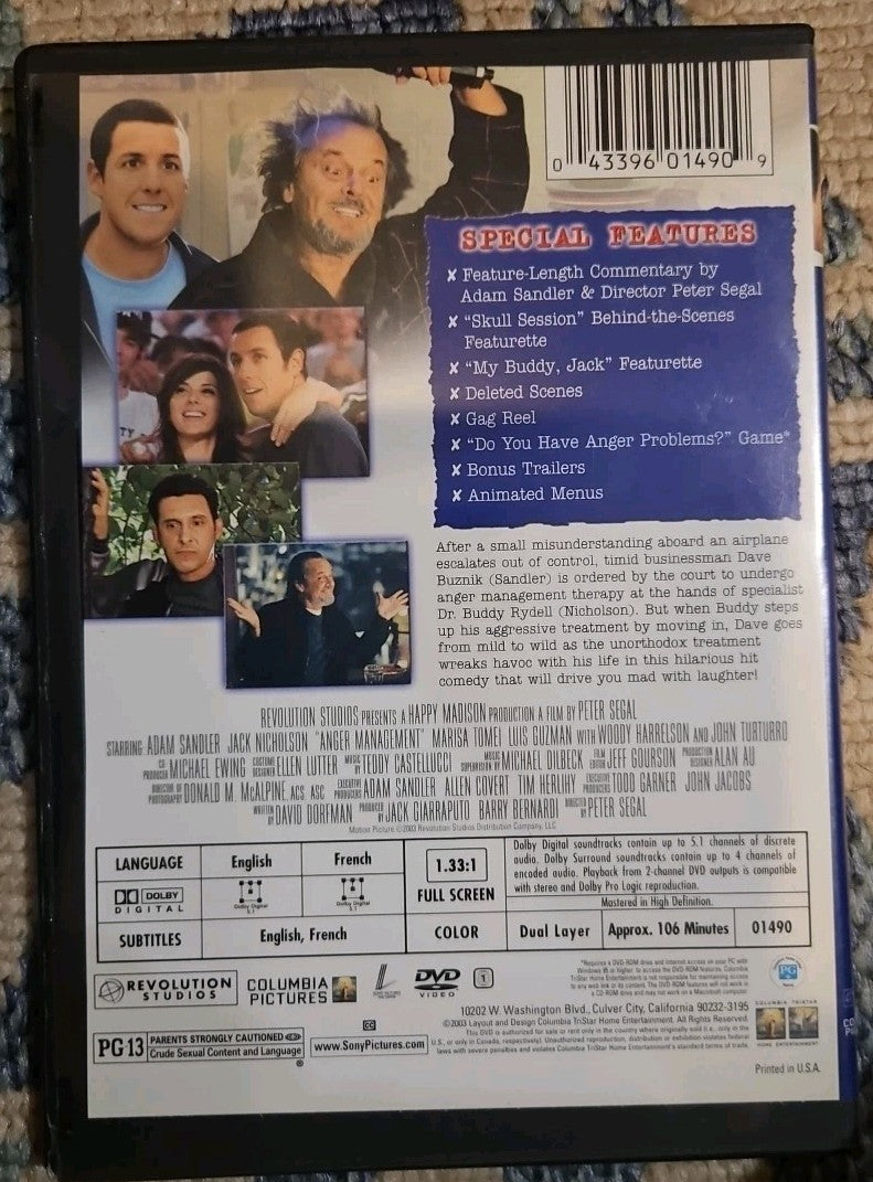 Anger Management (DVD, 2003) Tested. Slim Case. Cropped Artwork