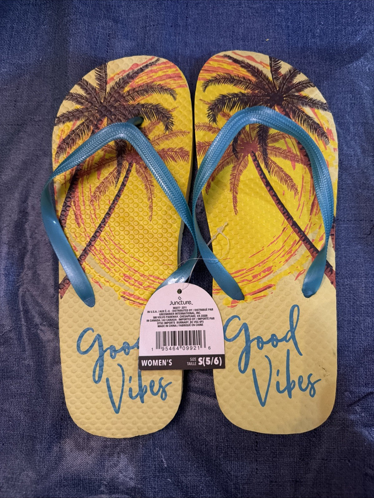 JUNCTURE "GOOD VIBES" YELLOW RUBBER FLIP-FLOPS PALM TREES WOMEN'S SIZE S 5/6 NEW