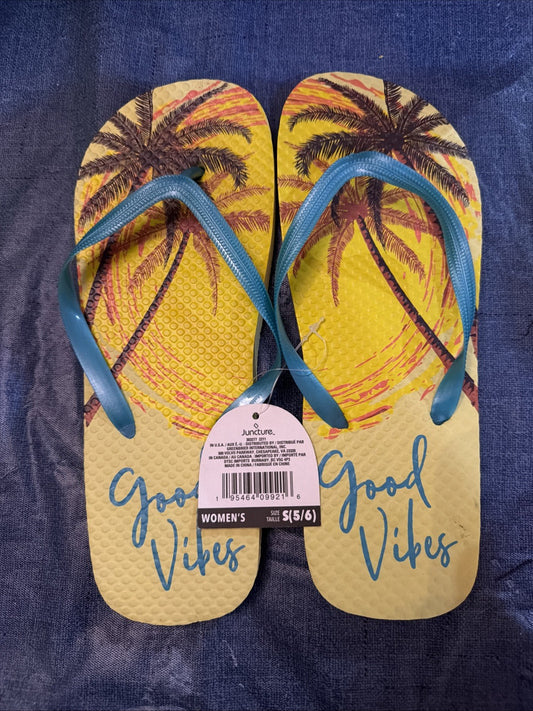 JUNCTURE "GOOD VIBES" YELLOW RUBBER FLIP-FLOPS PALM TREES WOMEN'S SIZE S 5/6 NEW