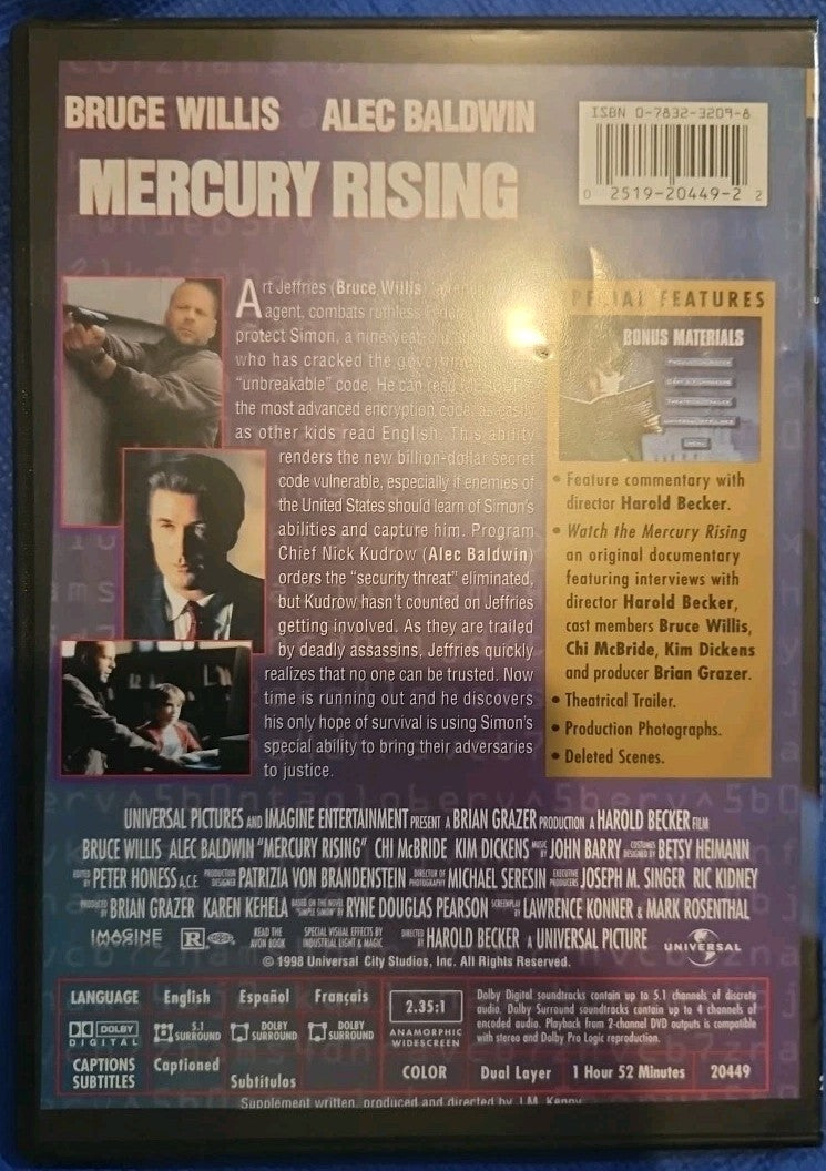 Mercury Rising & Collector's Edition (DVD) Slimcase. Artwork Cropped. Tested