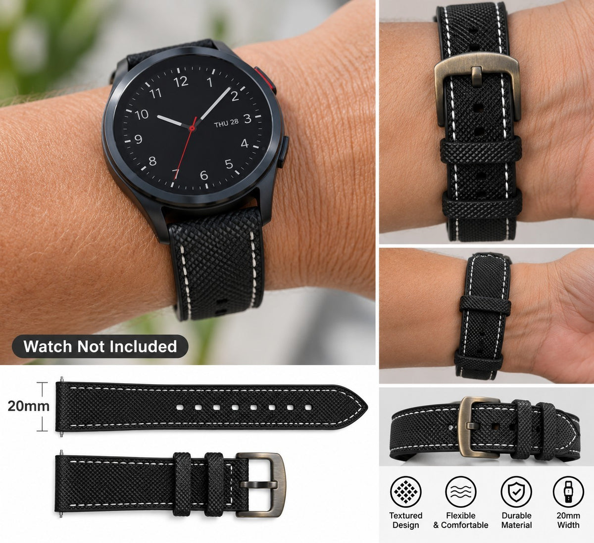 20mm Black Silicone Watch Band White Stitching Textured Strap Bronze Tone Buckle