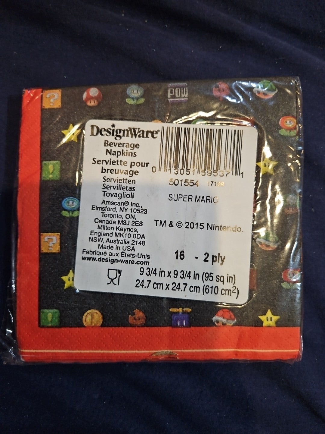 Super Mario 16 Count 2 Ply  Beverage Napkins New Sealed  6"