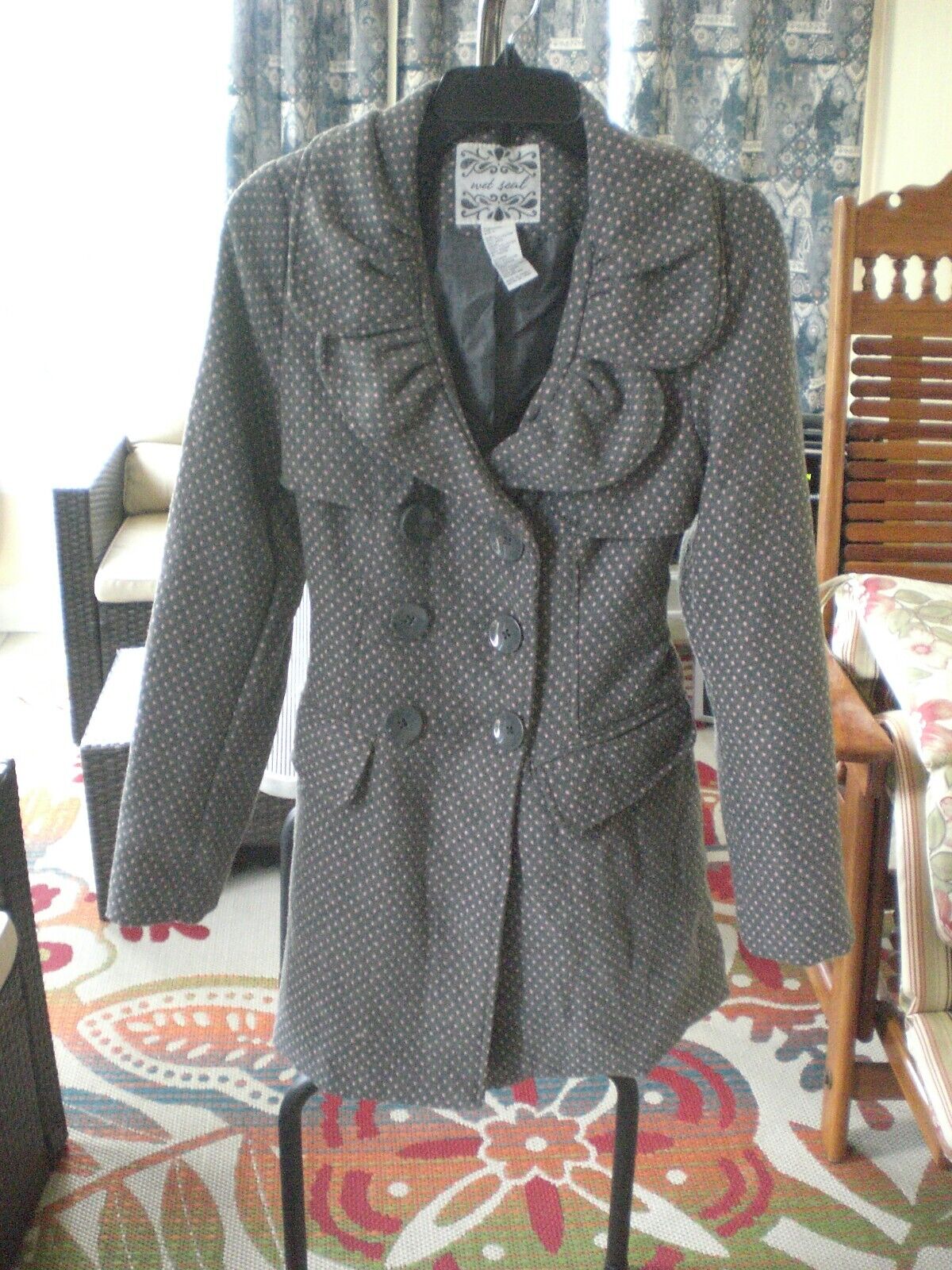 Wet Seal Jacket Coat Gray with Pink Dots LARGE