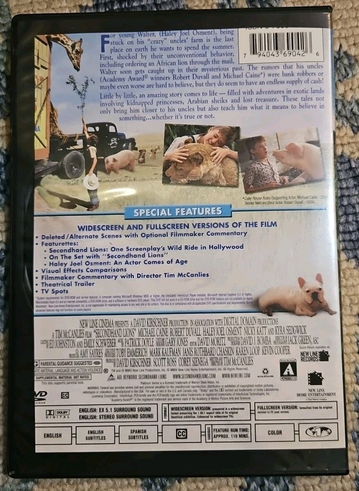 Secondhand Lions (DVD, 2003) Slim Case. Tested. Artwork Cropped