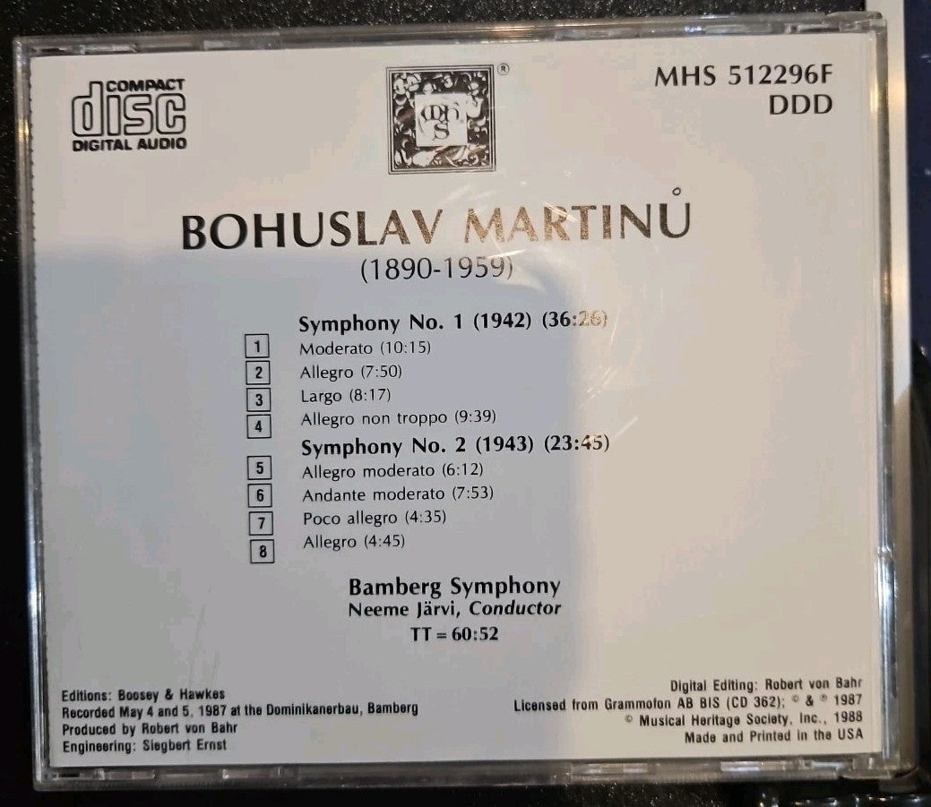 CD Neeme Jarvi - Bohuslav Martinu Symphonies Nos. 1 and 2 MHS Bamberg Symphony