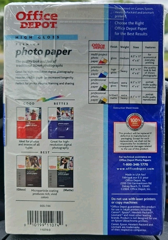 NEW Office Depot Photo Paper High Gloss for InkJet Printers Size 4"X6" 50 Sheets