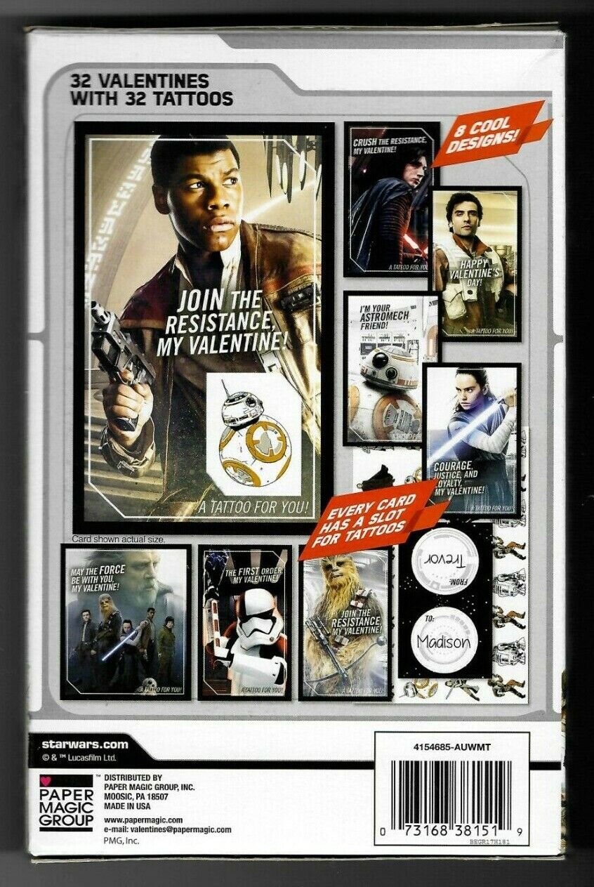 Disney Star Wars Finn 32 Valentine Cards & Stickers - Brand New