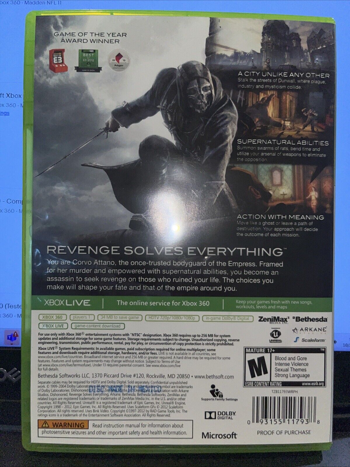 Dishonored - Xbox 360 - CIB - Tested. New Case. No Scratches.  Resealed