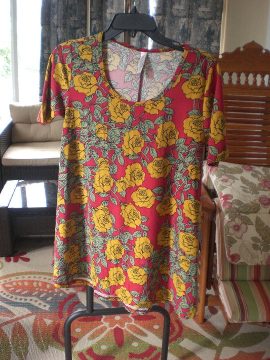 LuLaRoe Red Mustard Floral Perfect T Shirt Blouse Top XXS