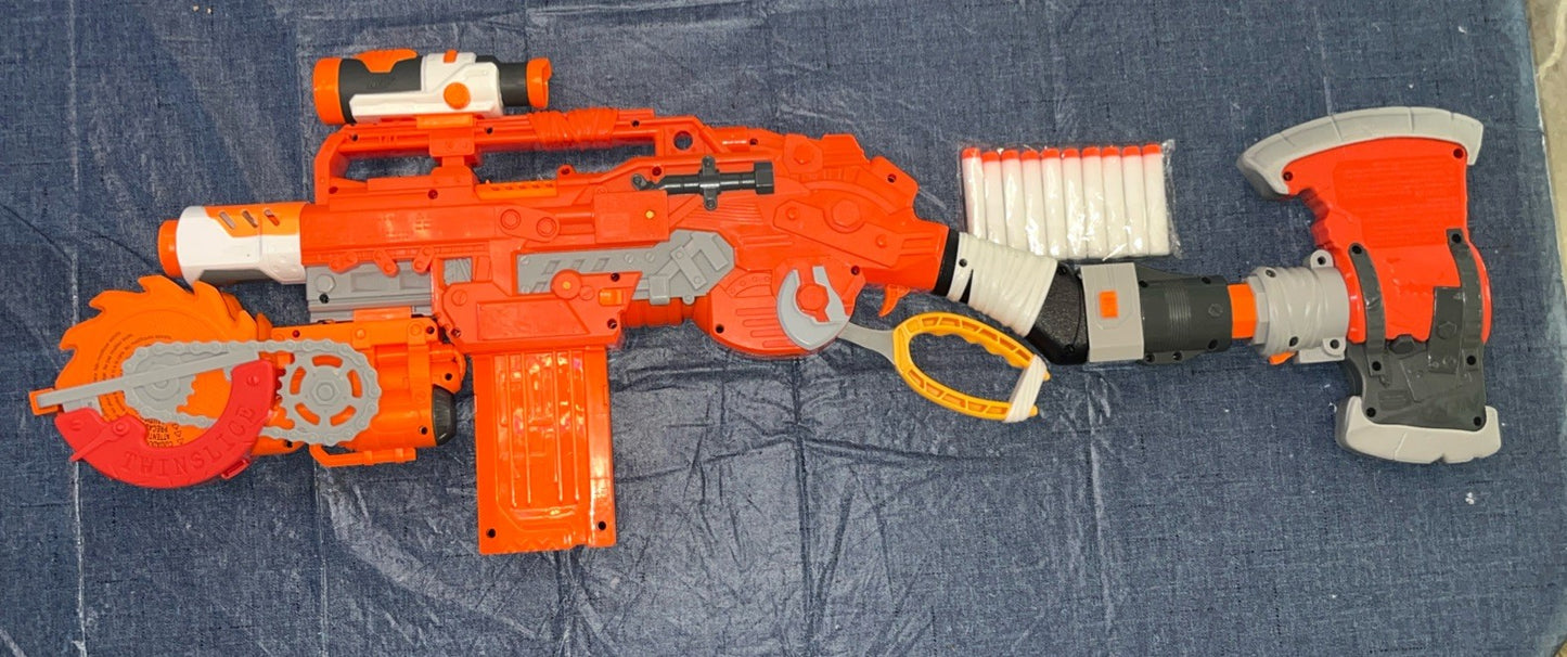 Nerf Zombie Strike Scavenger Rifle Twinslice Axe Hammer Scope 3xMags 10 Darts