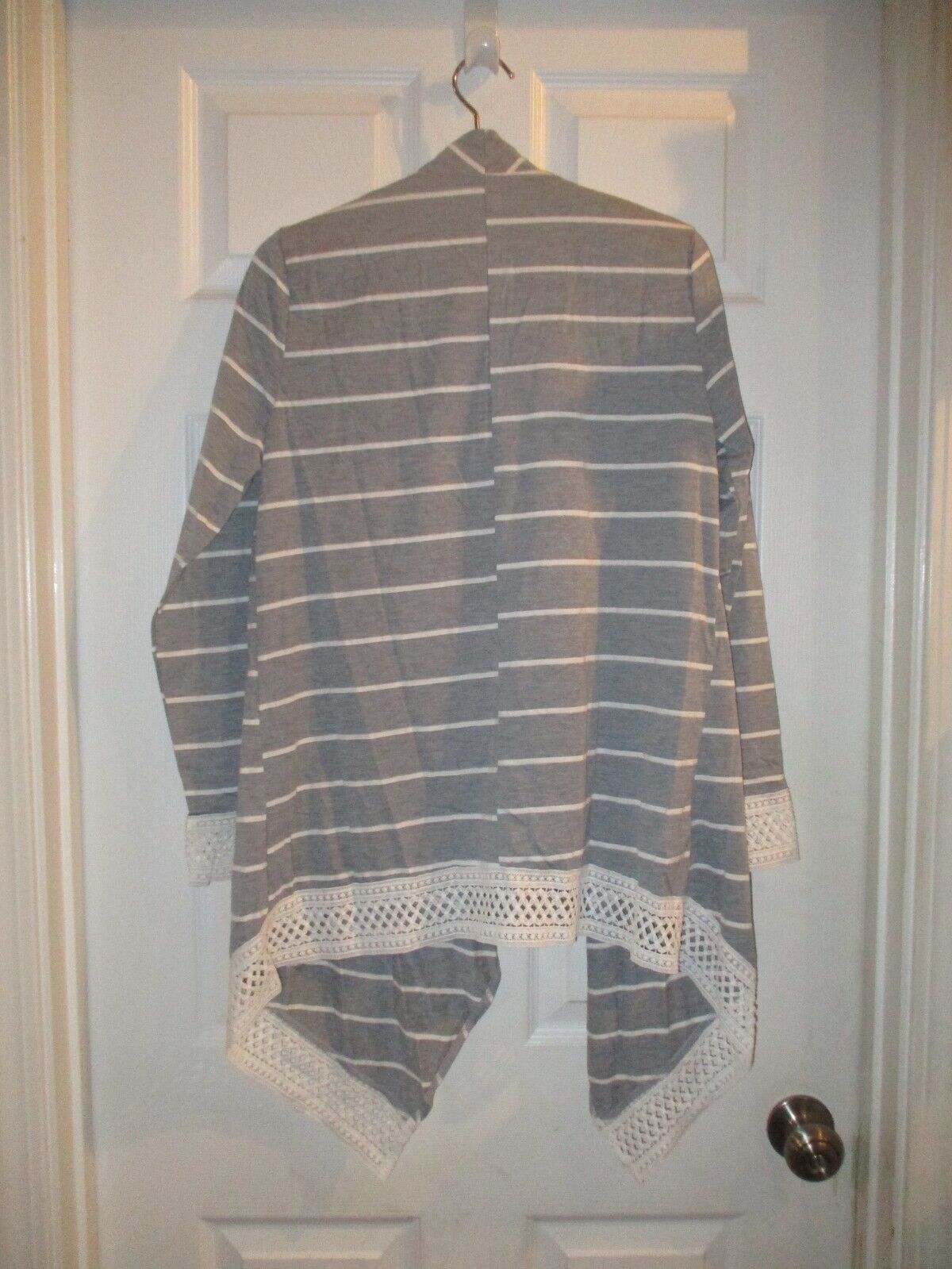 Tickled Teal Grey with White Stripes and Lace Asymmetrical Cardigan Medium