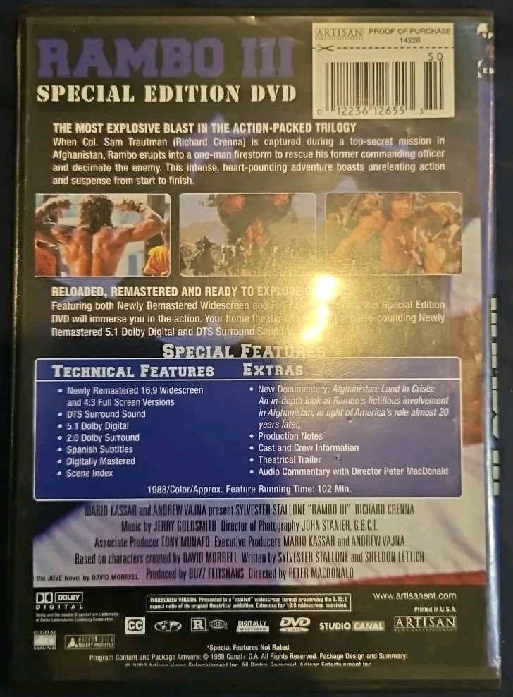 Rambo 3 (1988) (DVD, 1988) Slim Case. Cropped Artwork. Tested.
