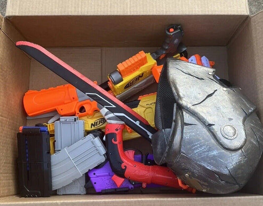 Box of Nerf Guns, Toys, and Accessories