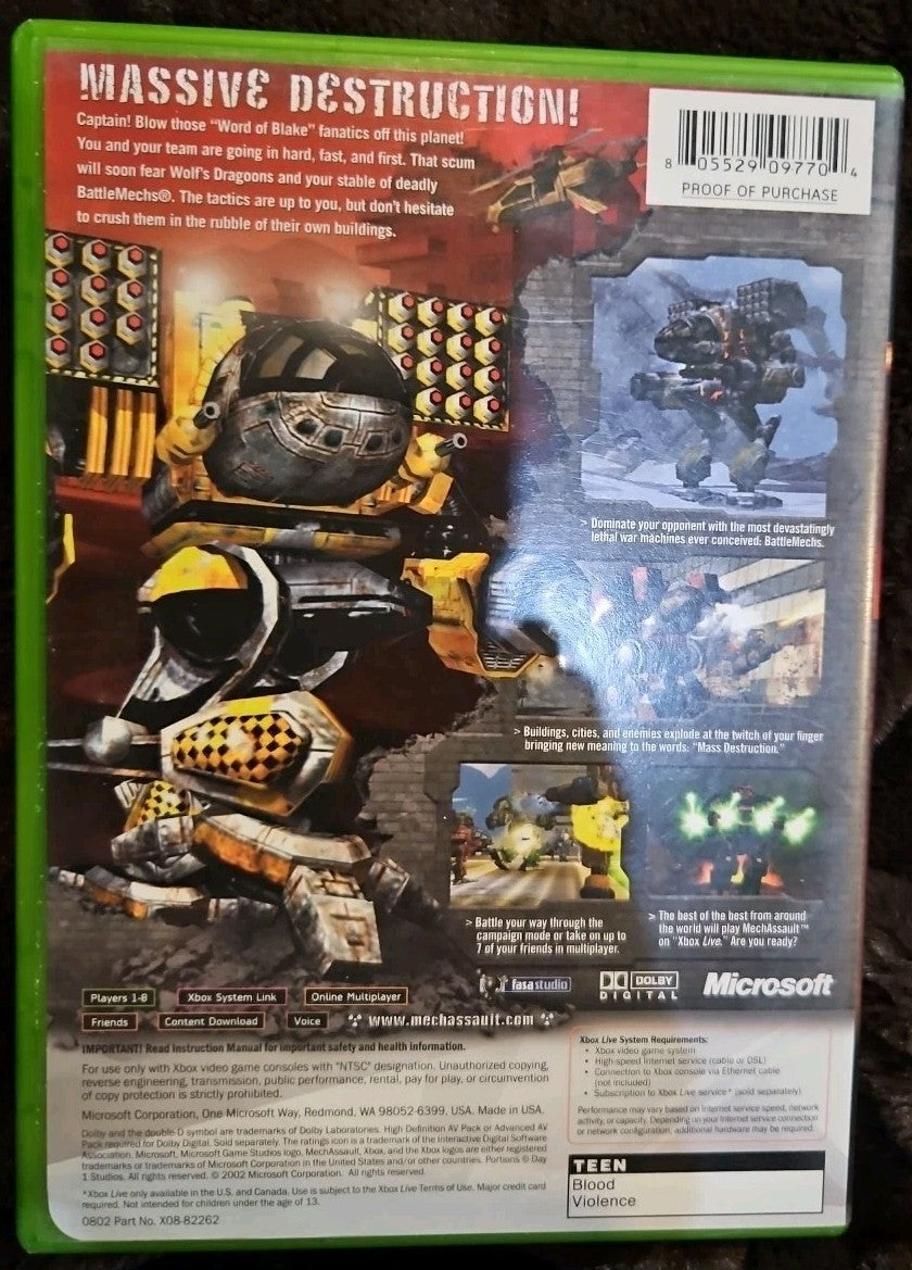 MechAssault (Microsoft Xbox, 2002) Tested. No Scratches. New Case