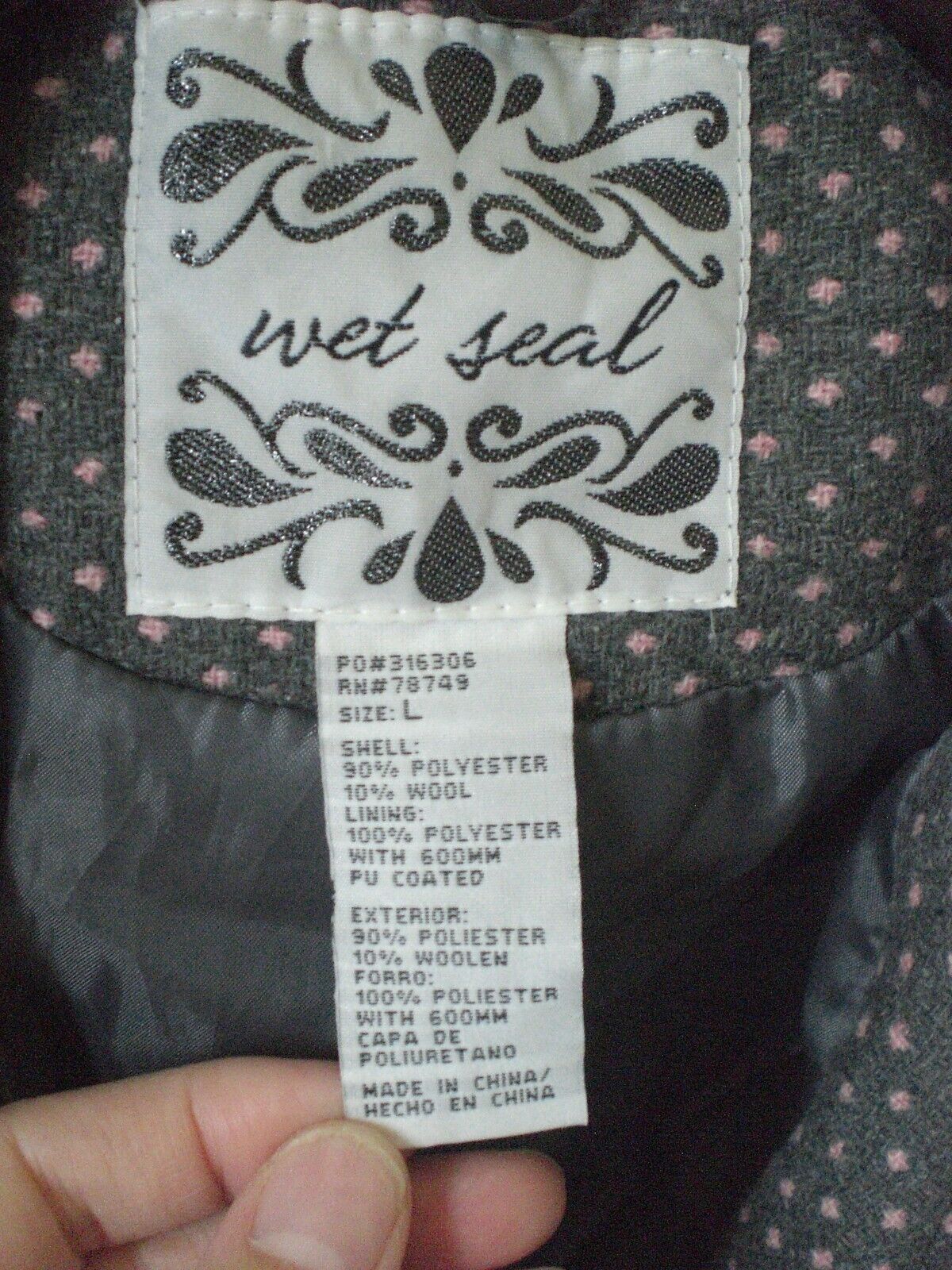 Wet Seal Jacket Coat Gray with Pink Dots LARGE