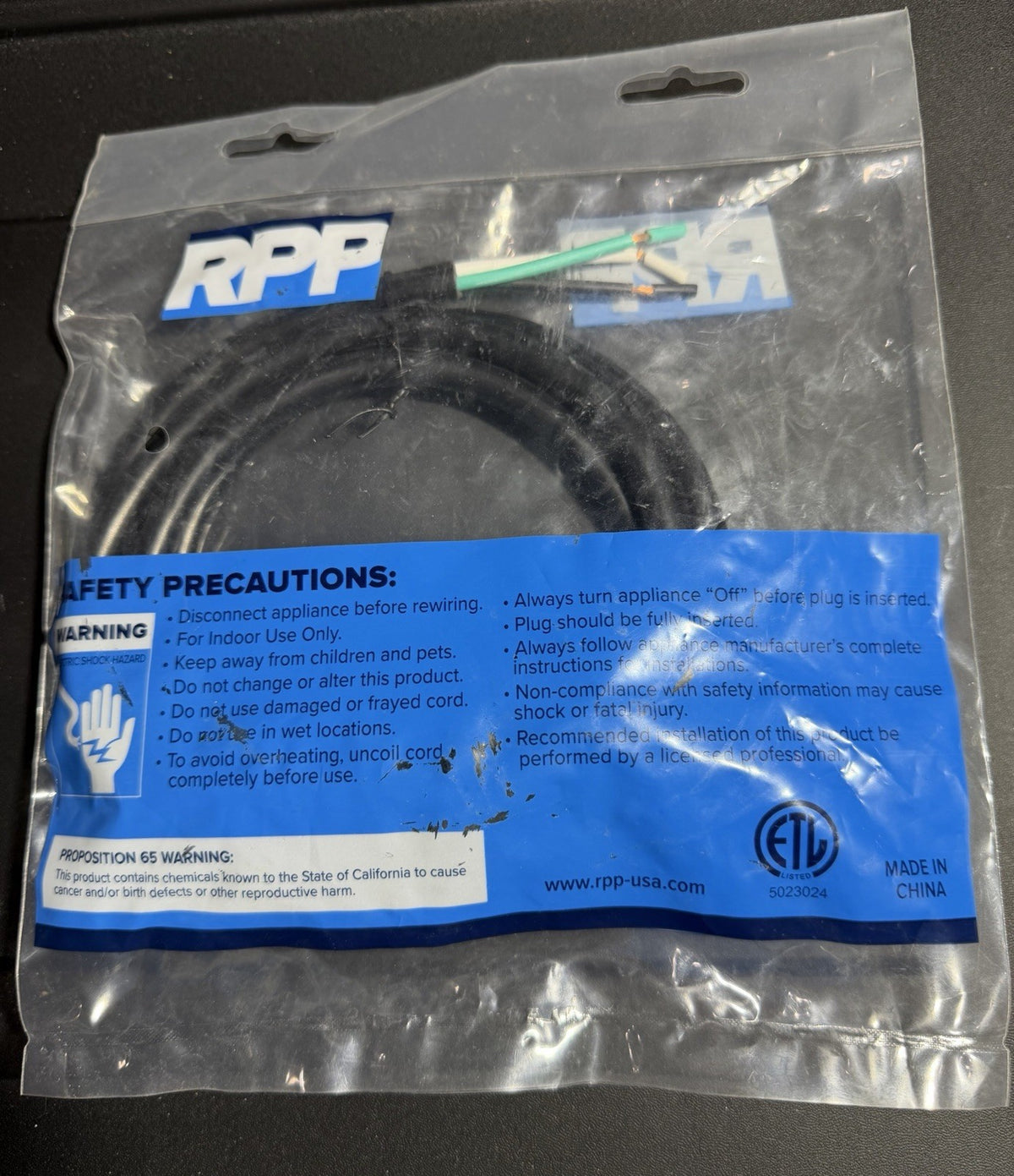 6FT 3-Wire Appliance Cord RPP 16 / 3 SJTW NEMA 5-15P 1625W NEW NIP
