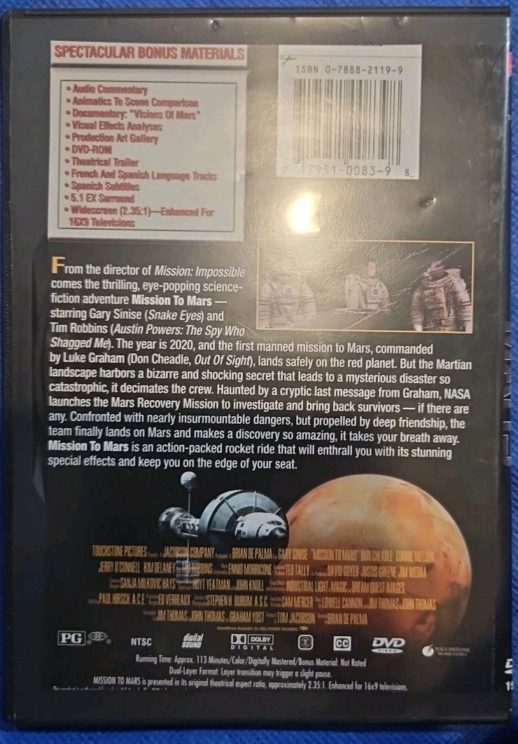 Mission to Mars (DVD, 2000) Slimcase. Artwork Cropped. Tested