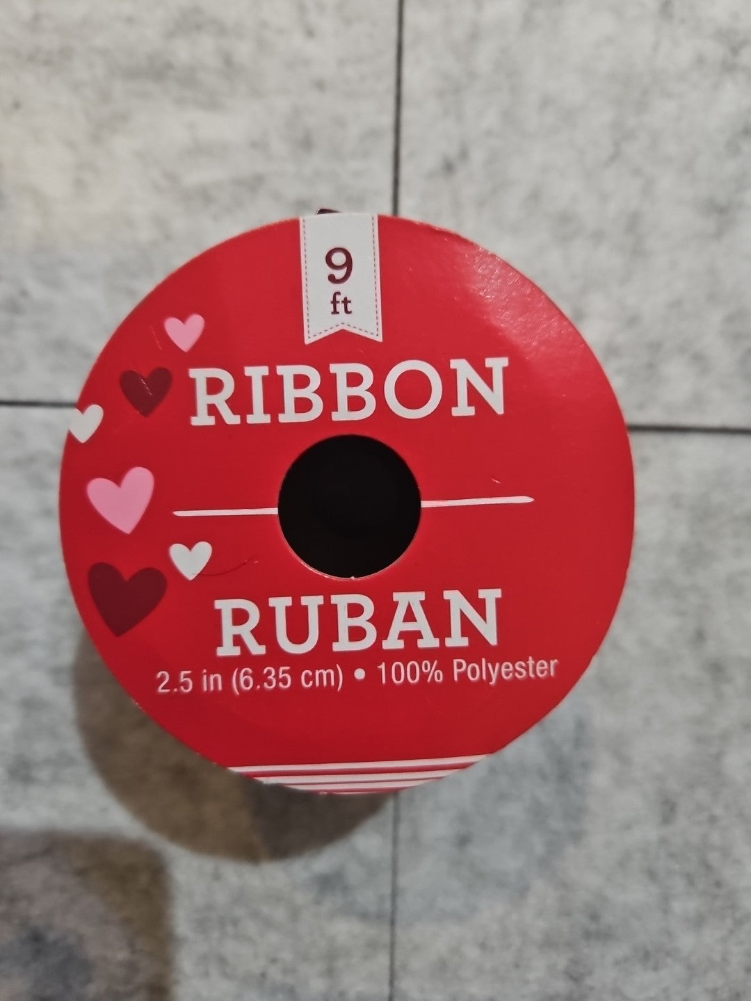 White Hearts On Red Ribbon 2.5 Inch x 9 Feet