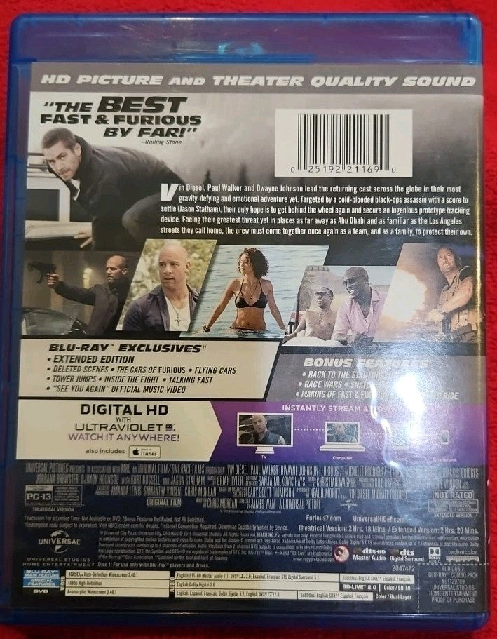 Furious 7 (Blu-ray + DVD) No Digital Downloads. New Sealed