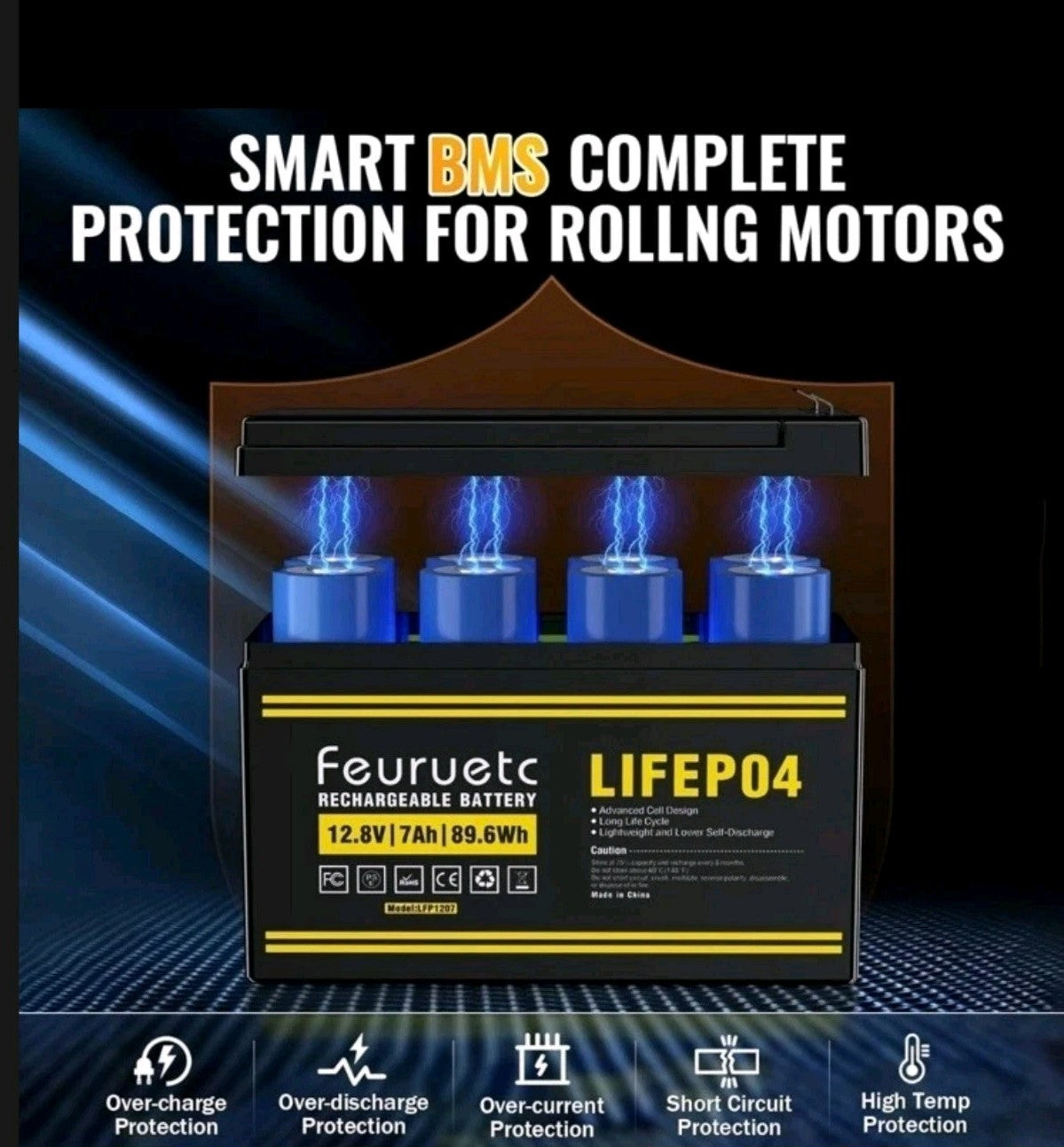 12V 7Ah LiFePO4 Battery  7A BMS 89.6Wh