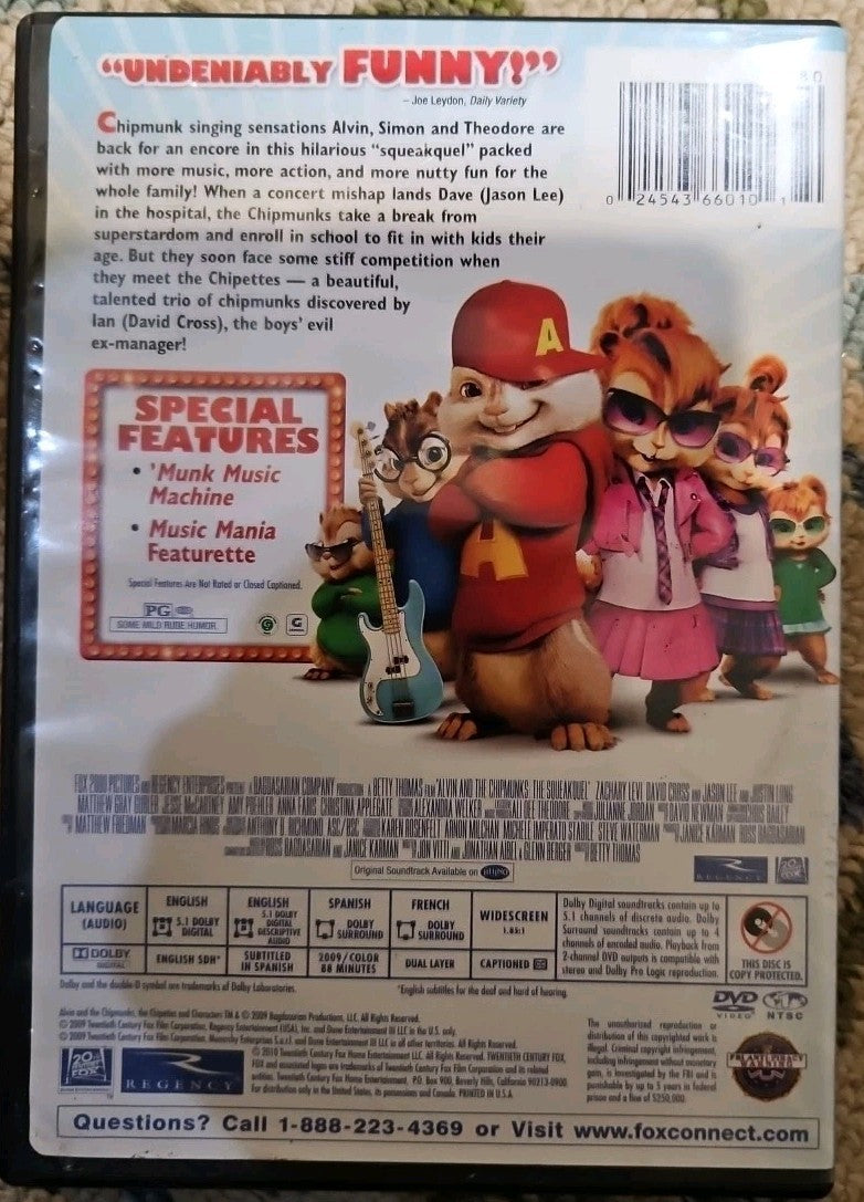 Alvin & the Chipmunks + Squeakquel + Squeak Along  (3- DVDs) Tested. New Cases. 