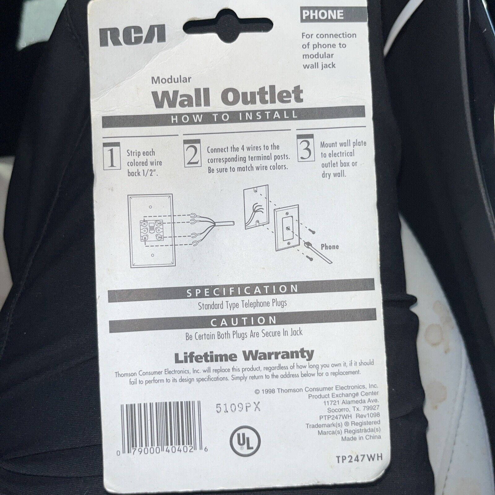 RCA TP247WHR Phone Jack Wall Plate, New Sealed! Pack of 1