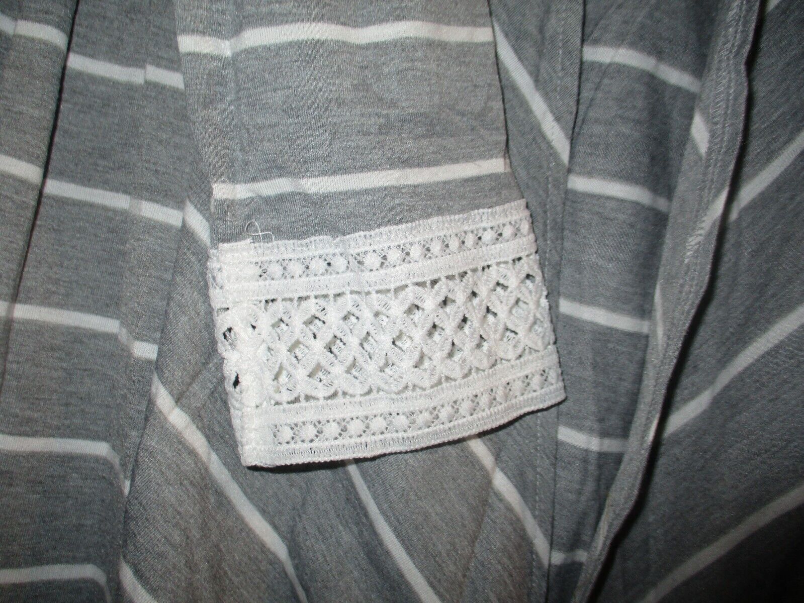 Tickled Teal Grey with White Stripes and Lace Asymmetrical Cardigan Medium