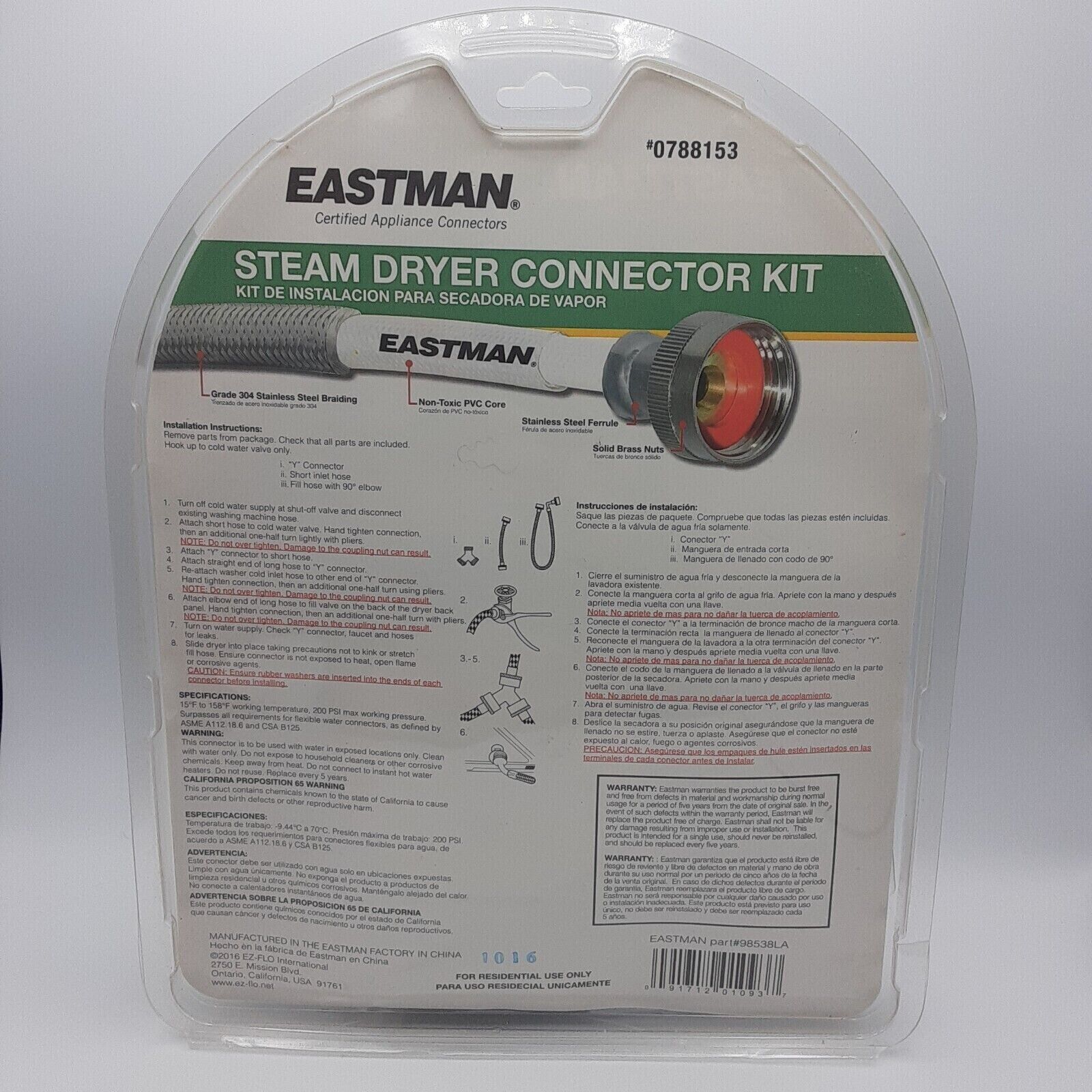 Eastman Steam Dryer Universal Connector Kit ~ 6 Ft x 3/4 Inch Inlet 0788153