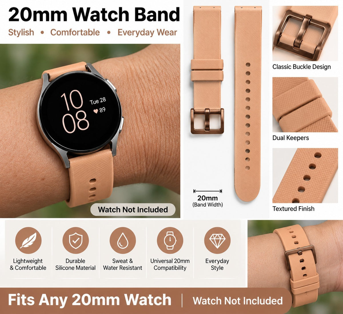 20mm Peach Silicone Watch Band Rose Gold Buckle Universal Replacement...