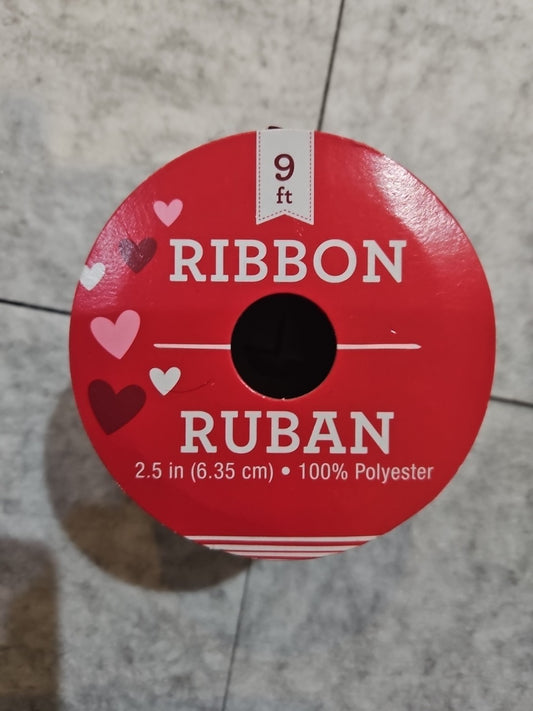 White Hearts On Red Ribbon 2.5 Inch x 9 Feet