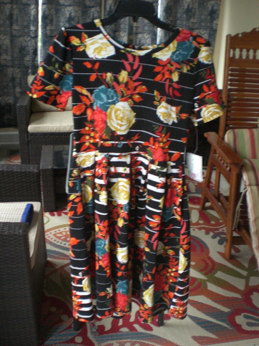 NWT LuLaRoe Amelia Dress Black White Stripes with Multicolor Florals MEDIUM
