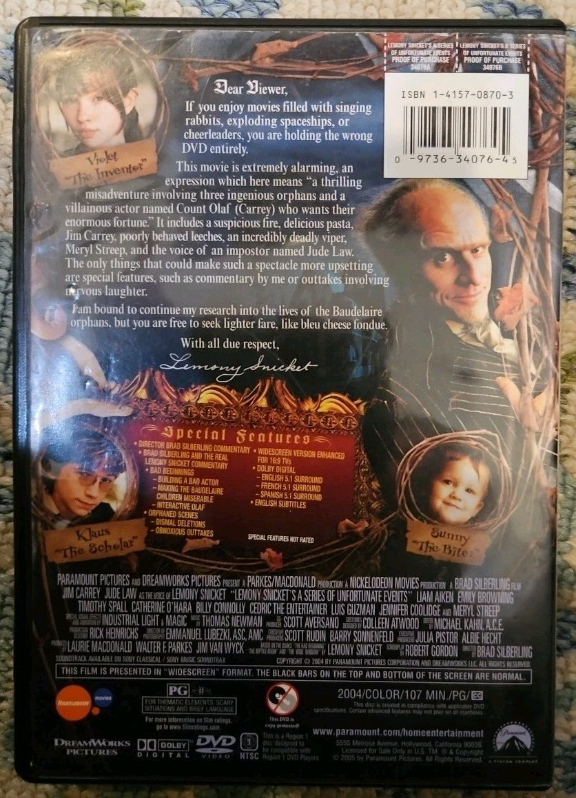 Lemony Snicket's a Series of Unfortunate events (DVD, 2004) Tested. New Case