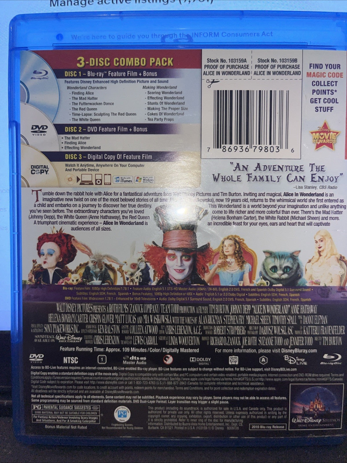 Alice in Wonderland (Blu-ray/DVD,Includes Digital Copy) No Digital Download