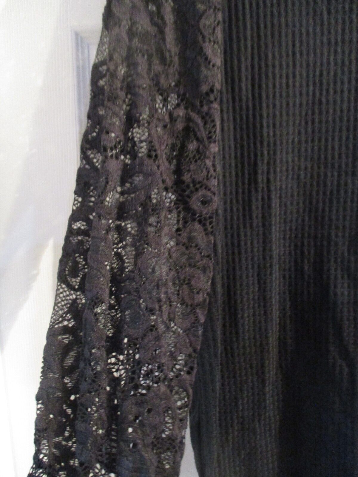 BiBi Small Black Waffle Knit Top with Lace Puffed Long Sleeves NEW