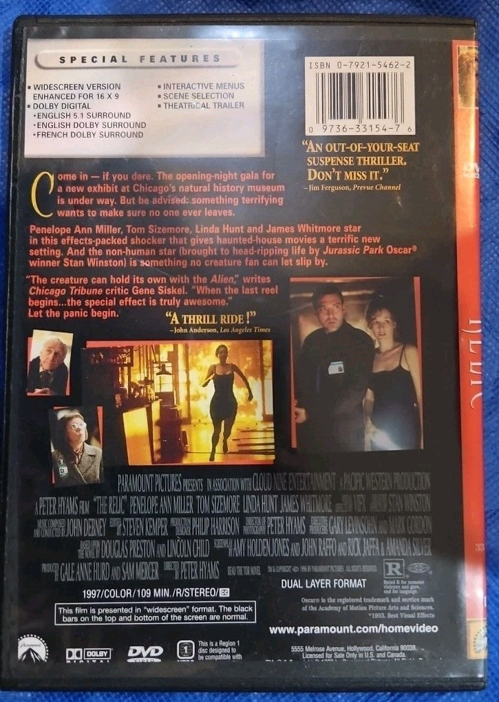 Relic (DVD, 1997) Tested. Slim Case. Cropped Artwork