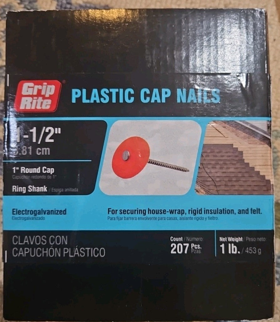 (1 Lb / 207 NAILS) 1-1/2" Plastic Round Cap Electro Galvanized Ring Shank Nail