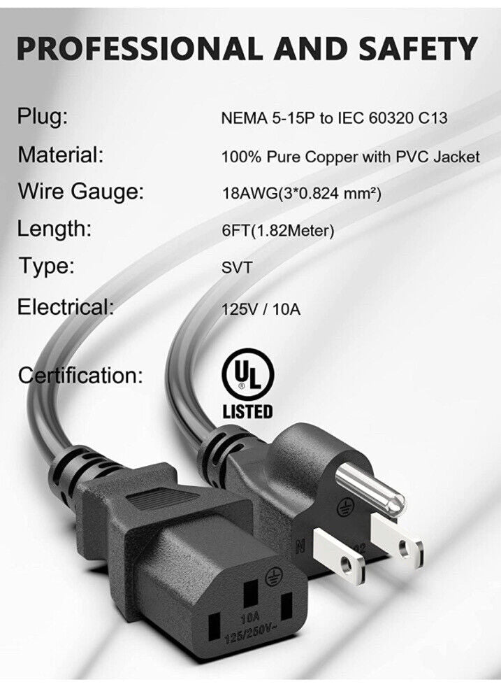 NEW Computer Replacement Power Cord | 6-Foot | Black