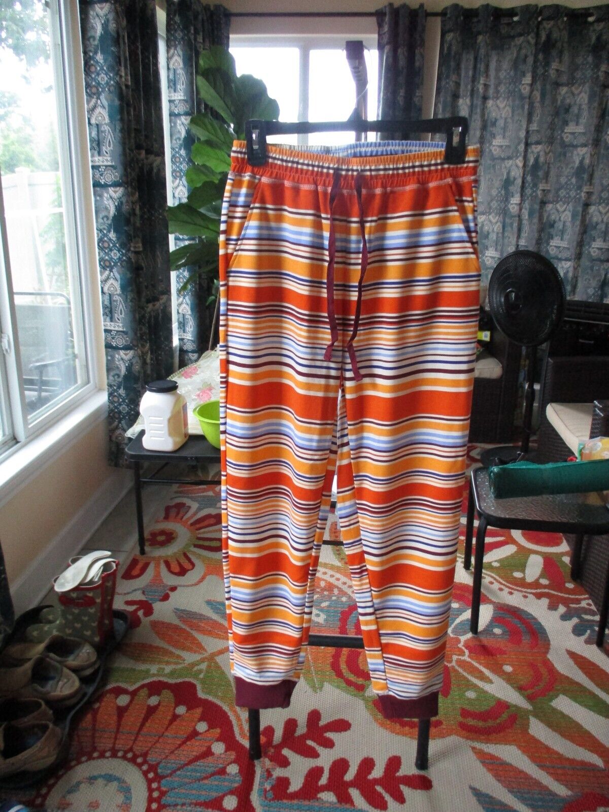 LuLaRoe NWOT Jax Small Oranges Blues White and Maroon Stipes Joggers Sweatpants