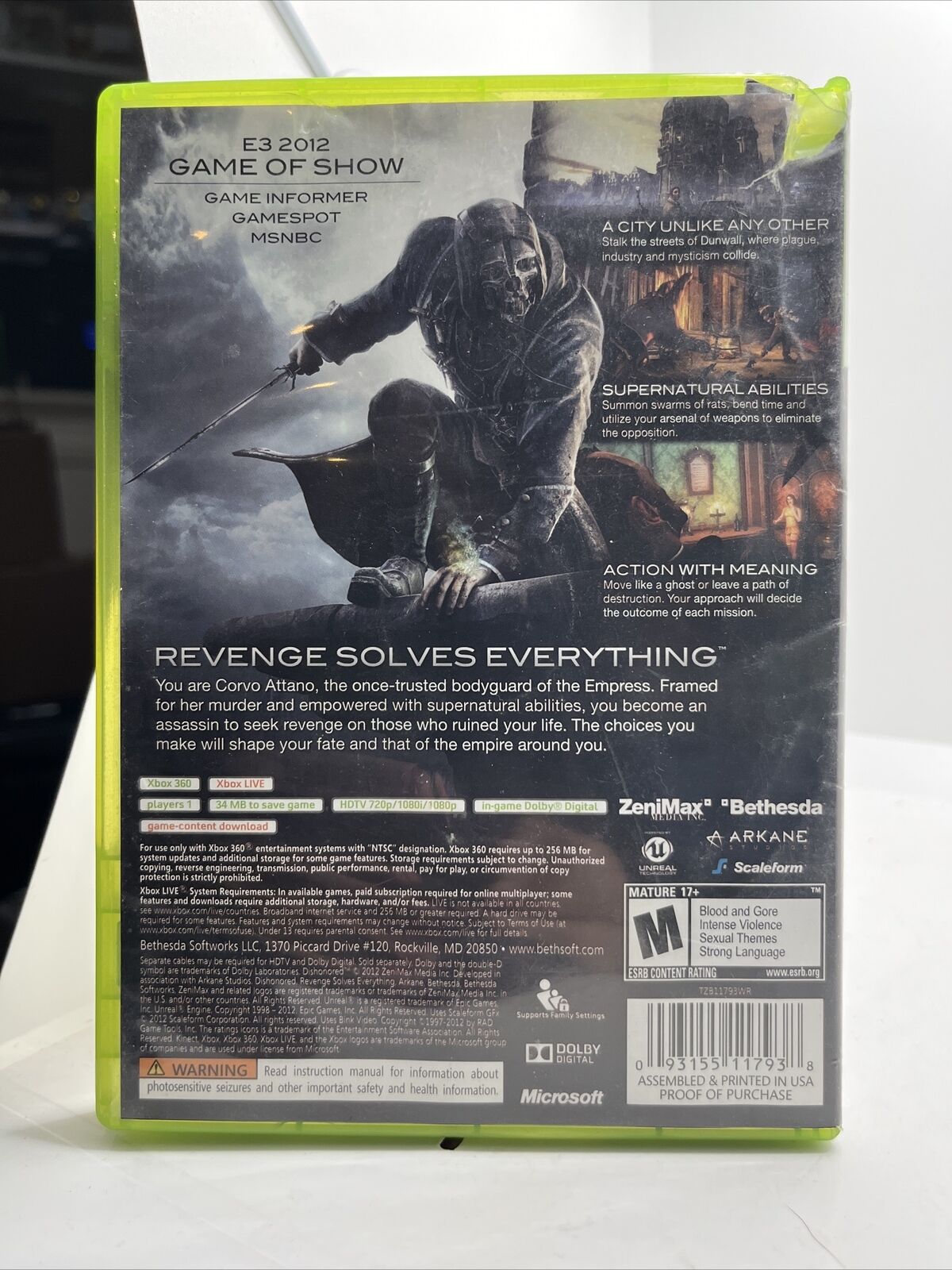 Dishonored (Microsoft Xbox 360, 2012) CIB. New Case. Tested