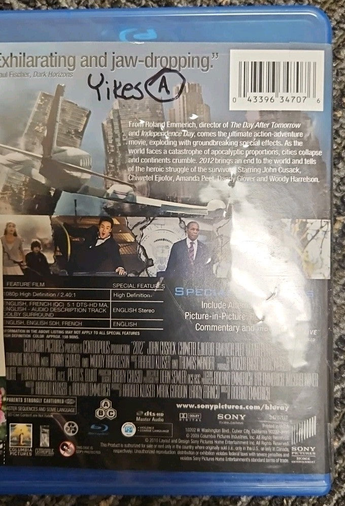 2012 (Blu-ray, 2009) Tested. No Scratches.