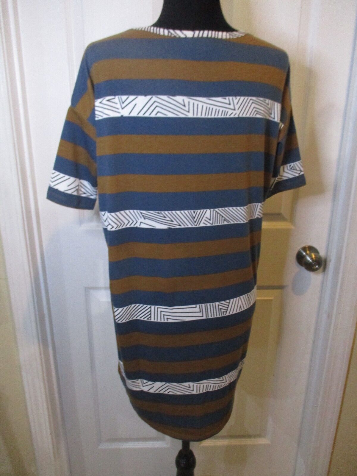 LuLaRoe Irma Blue Brown Black White Stripe Tunic XXS NWOT
