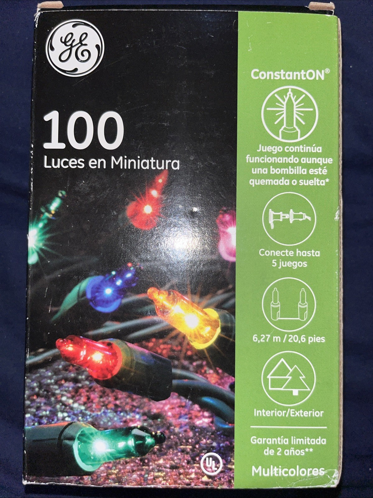 GE Constant On 100 Multi-color Miniature Lights Green Wire