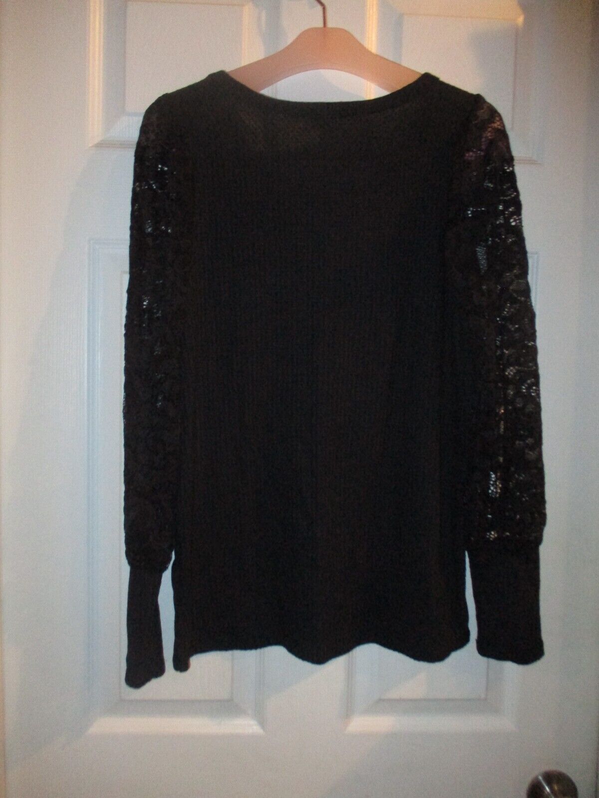 BiBi Small Black Waffle Knit Top with Lace Puffed Long Sleeves NEW
