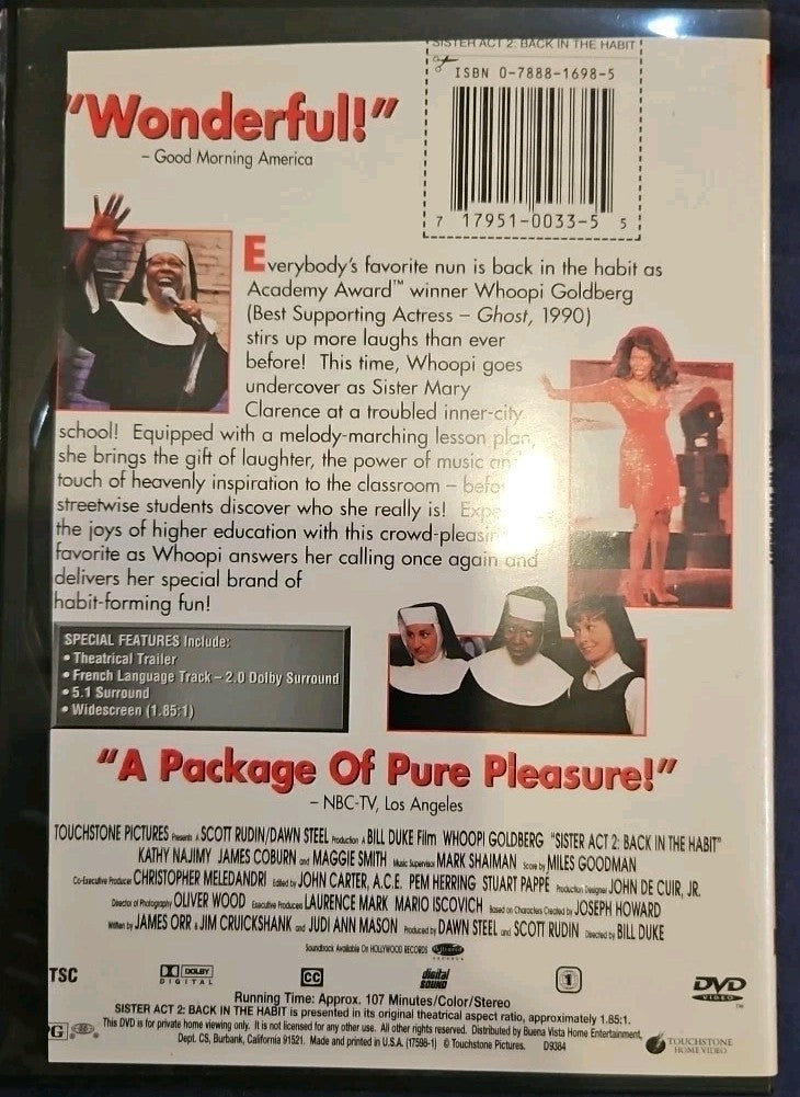 Sister Act 2: Back in the Habit (DVD, 1993) Slim Case. Cropped Artwork