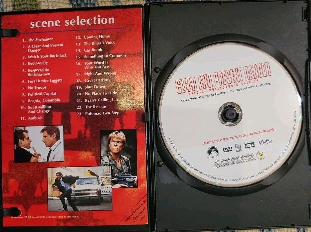 Clear and Present Danger (DVD, 1994) Slim Case. Tested. Cropped Artwork