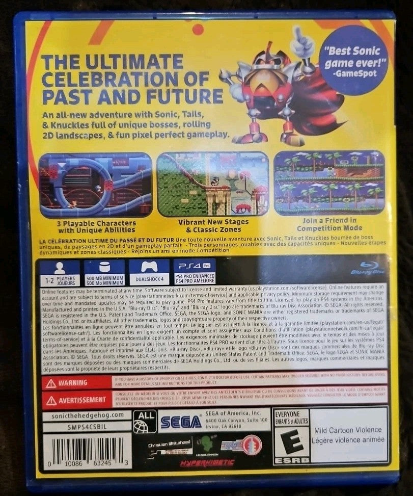 Sonic Mania - Sony PlayStation 4. No Game. Case + Artwork ONLY