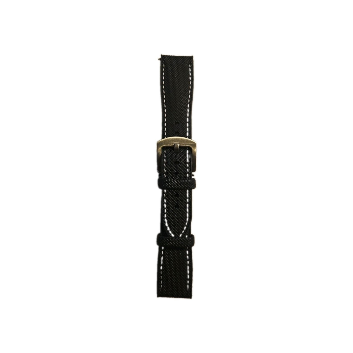 20mm Black Silicone Watch Band White Stitching Textured Strap Bronze Tone Buckle